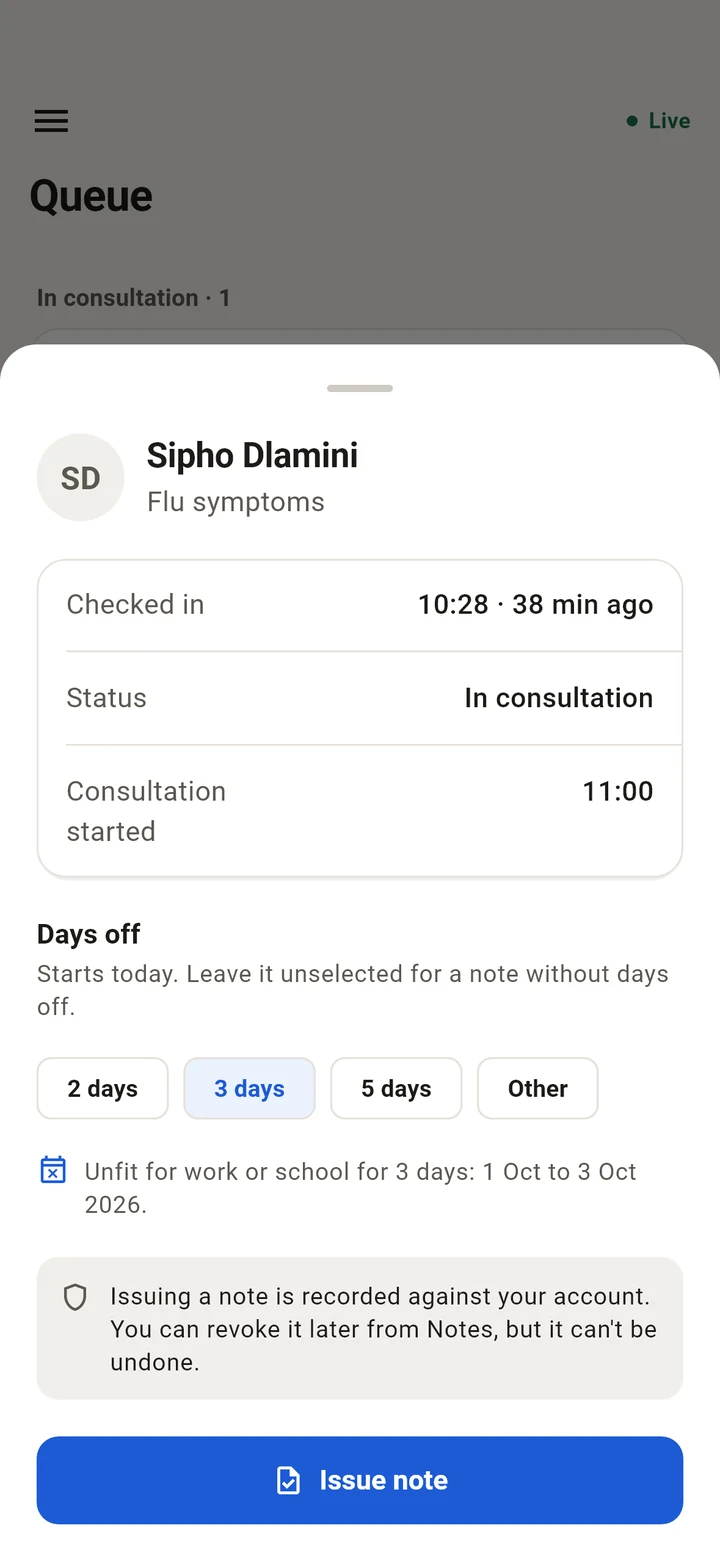 Issuing a note in the doctor app, with 3 days off chosen