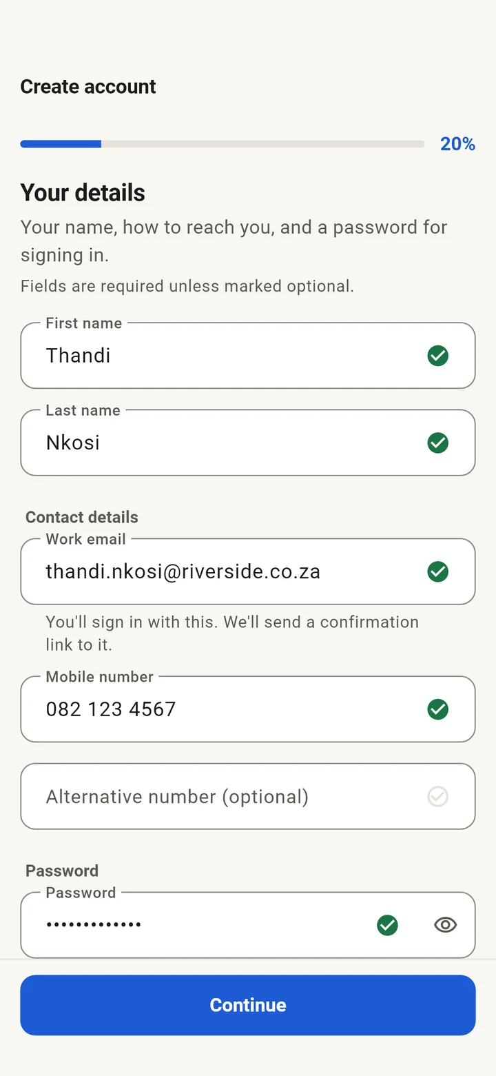 Registering in the doctor app, with green ticks next to completed fields