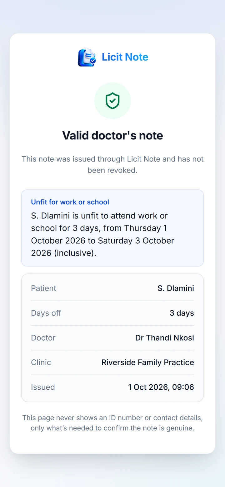 A note check on a phone: valid doctor’s note for S. Dlamini, unfit for work or school for 3 days
